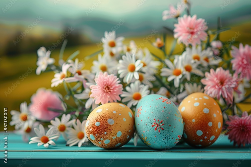 Three decorated Easter eggs with polka dots and flowers, placed on a wooden table with a beautiful arrangement of daisies and other flowers in the background. Three decorated Easter eggs with polka dots and flowers, placed on a wooden table with a beautiful arrangement of daisies and other flowers in the background.