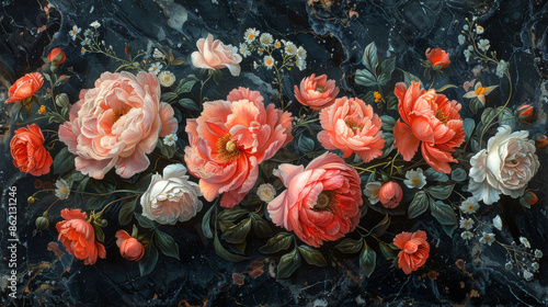 panel wall art, wall decoration, marble background with flowers designs