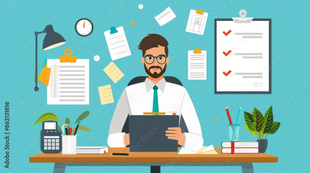 Businessman Working at His Desk with Papers and To-Do List Businessman Working at His Desk with Papers and To-Do List