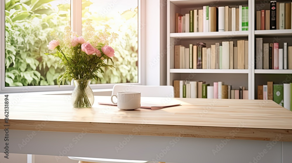 Fototapeta premium white table with books, stationery and copy space in blurred study room