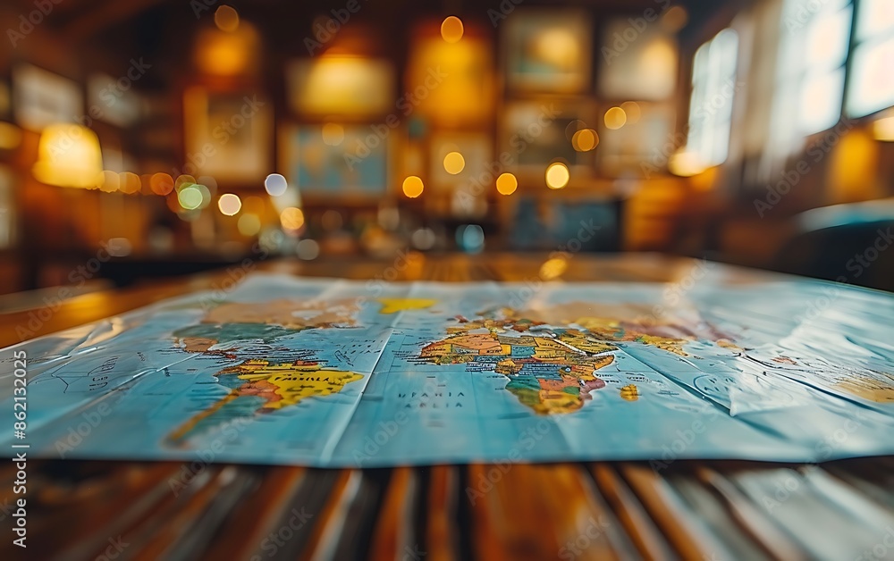 World Map on a Wooden Table in a Warmly Lit Room World Map on a Wooden Table in a Warmly Lit Room