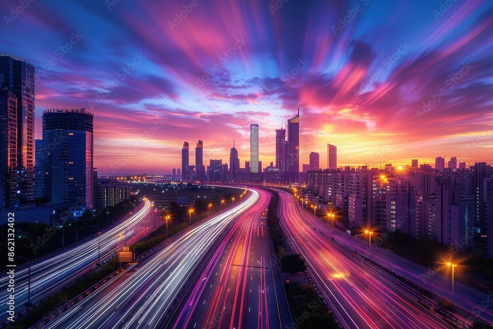 A breathtaking cityscape featuring skyscrapers and vibrant light trails from traffic during sunset. The skyline is illuminated by the colors of the setting sun, capturing the urban hustle. A breathtaking cityscape featuring skyscrapers and vibrant light trails from traffic during sunset. The skyline is illuminated by the colors of the setting sun, capturing the urban hustle.
