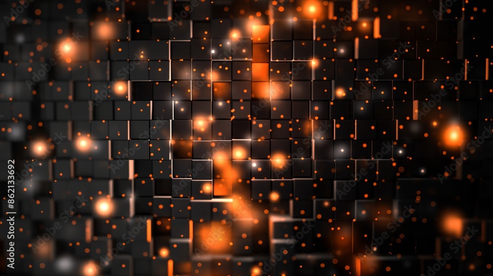 Fototapeta premium Abstract image with cubes and glowing dots on black background.