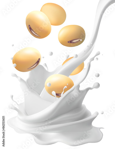 Soy milk pouring and Splash with Soybeans 3d vector isolated on background, Gradient Mesh