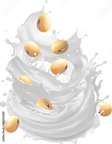 Soy milk pouring and Splash with Soybeans 3d vector isolated on background, Gradient Mesh