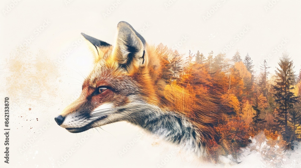 Obraz premium Artistic digital painting of a fox with a forest background, blending wildlife and nature art in vivid colors.