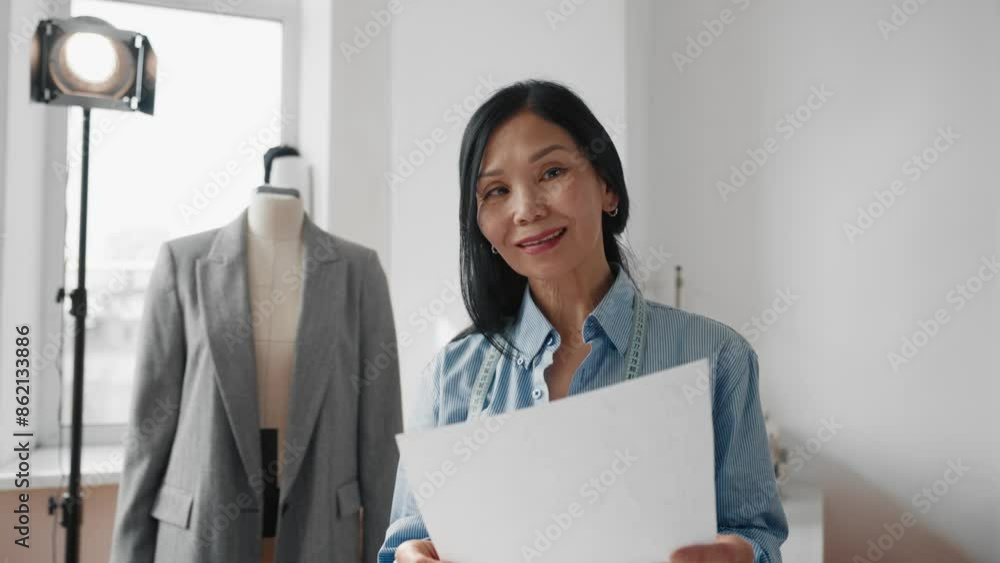 Chinese seamstress viewing sketches, portrait in designer atelier, handmade. Senior Asian woman holding paper sheets in hands, measuring tape on neck, professional dressmaker in tailor-made atelier Chinese seamstress viewing sketches, portrait in designer atelier, handmade. Senior Asian woman holding paper sheets in hands, measuring tape on neck, professional dressmaker in tailor-made atelier
