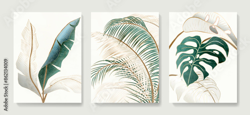 Luxury set of tropical leaf posters in white and green with gold line elements. Botanical art background for cover design, print, wallpaper, packaging, textile, interior.