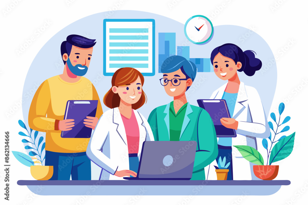 Doctor hospital team medical document health medicine healthcare meeting teamwork laptop computer technology clinic office modern flat design simple vector illustration isolated transparent background Doctor hospital team medical document health medicine healthcare meeting teamwork laptop computer technology clinic office modern flat design simple vector illustration isolated transparent background