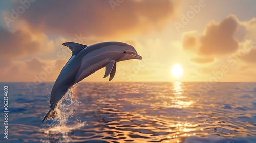 A sleek dolphin leaping out of the water against a backdrop of a setting sun.