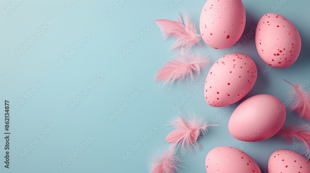 Beautiful pink Easter eggs on pastel background flat lay composition Beautiful pink Easter eggs on pastel background flat lay composition