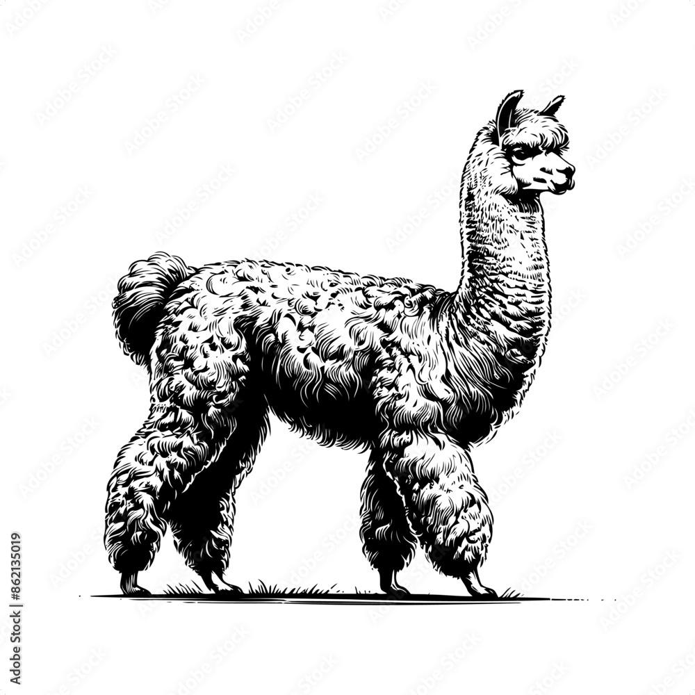 Fototapeta premium alpaca in black and white animal drawing,
