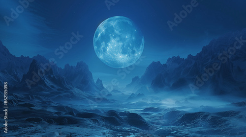 A mystical blue moon shines over a rugged mountain range at night, creating a serene and enchanting landscape. photo