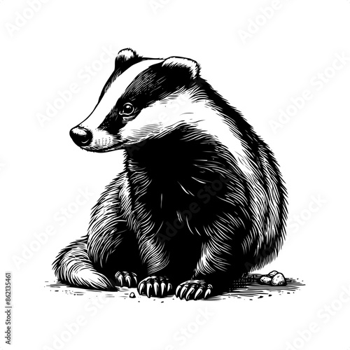 Badger in black and white animal drawing,