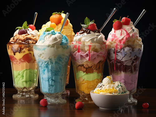 Generous Closeup shot of ice cream dessert with fruits and whipped cream
