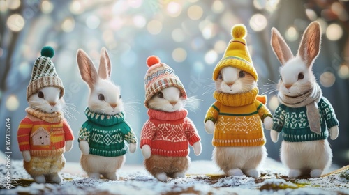 Six adorable bunnies wearing colorful sweaters and hats. © Ammar
