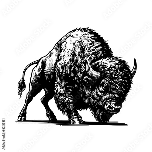 Bison in black and white animal drawing,