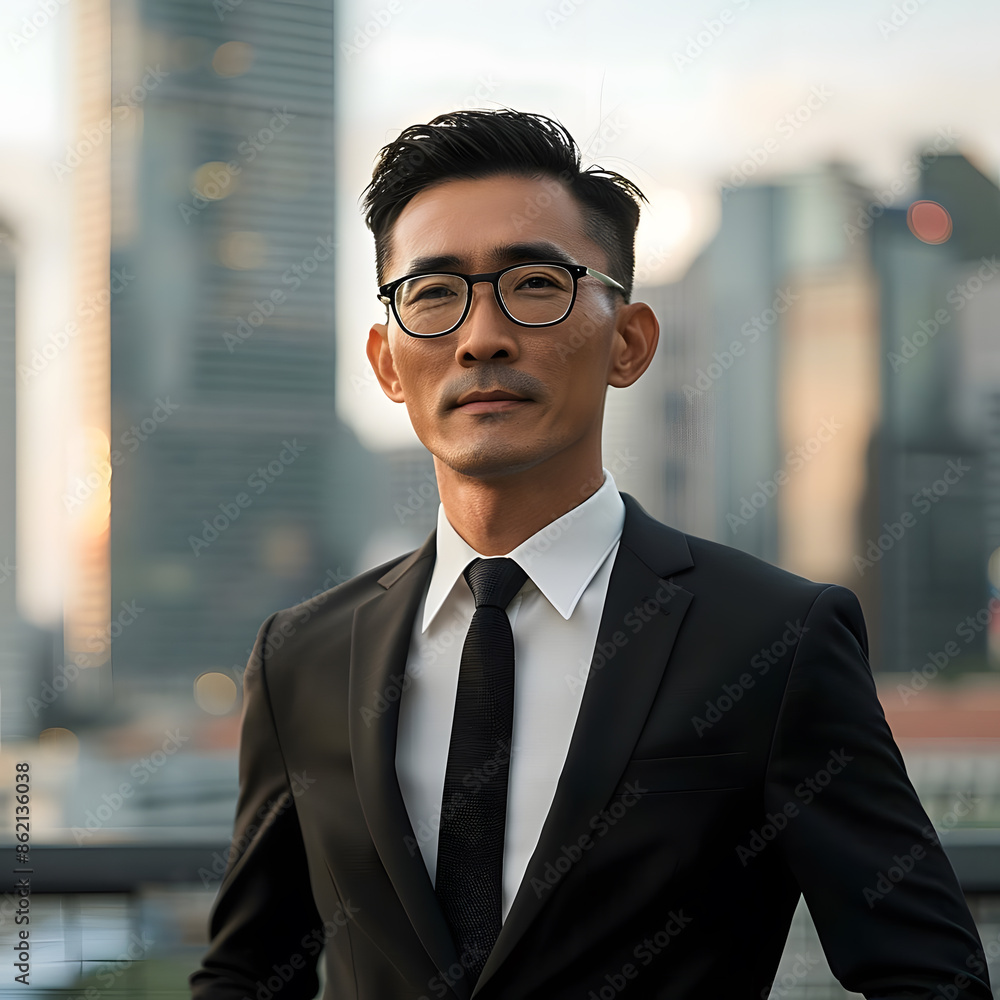 A confident Asian businessman in a suit, standing against a blurred cityscape background, exuding modern corporate success. A confident Asian businessman in a suit, standing against a blurred cityscape background, exuding modern corporate success.