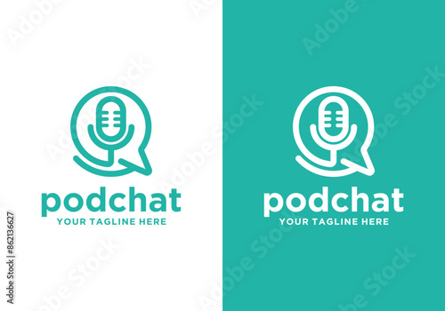 chat logo design template combined with the mic symbol from the podcast. combination of chat and mic design in vector design