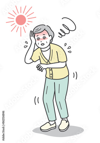 熱中症を起こしめまいでふらつく高齢女性のイラスト
