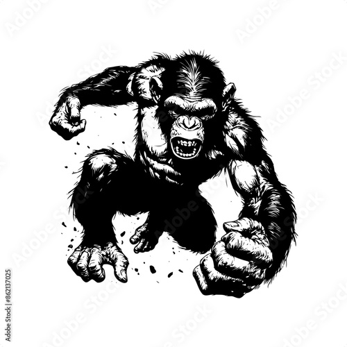 Chimpanzee in black and white animal drawing, photo