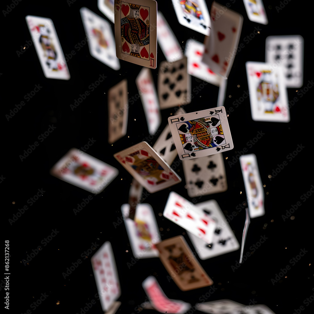 A deck of playing cards falling onto a transparent background, captured in mid-air with a high-speed camera. A deck of playing cards falling onto a transparent background, captured in mid-air with a high-speed camera.