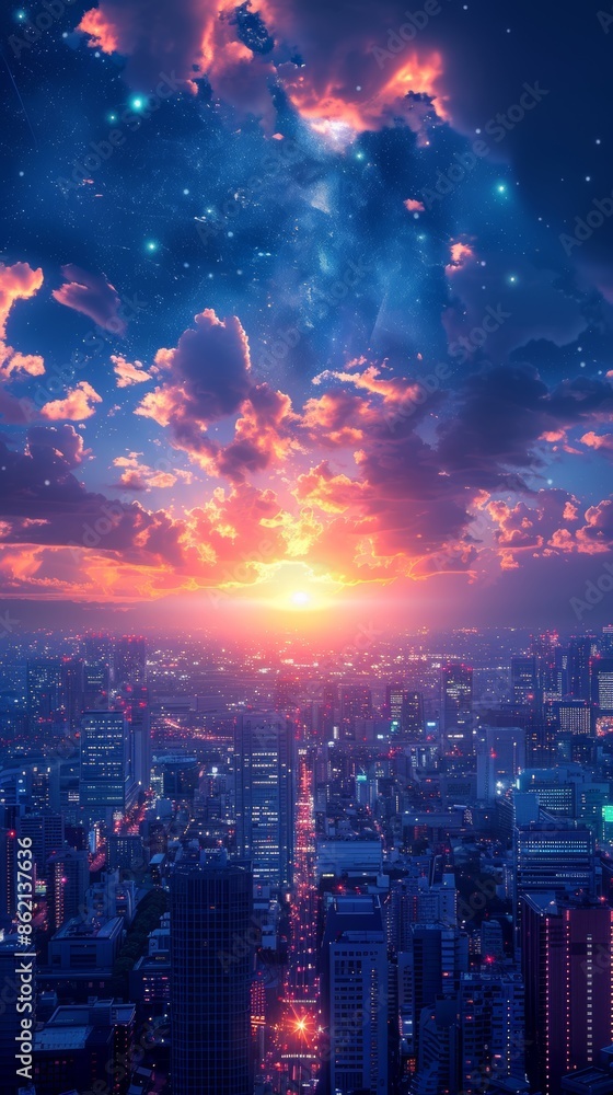 Vibrant Cityscape at Dusk: Illuminated Skyline at Sunset Vibrant Cityscape at Dusk: Illuminated Skyline at Sunset