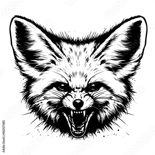 Fennec fox in black and white animal drawing,