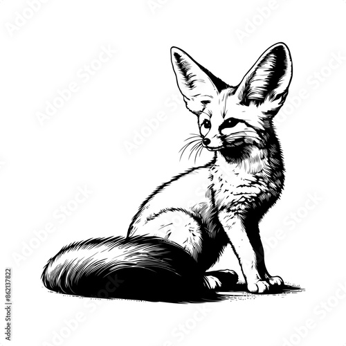 Fennec fox in black and white animal drawing,