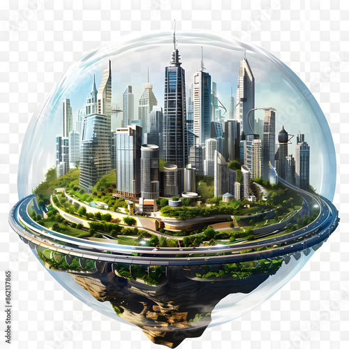 Flying island with a modern city and winding road, isolated on a transparent background, showcasing futuristic architecture and advanced technology.