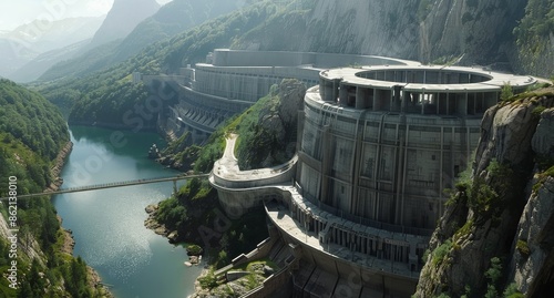 A Massive Concrete Dam and Bridge in a Mountainous Valley