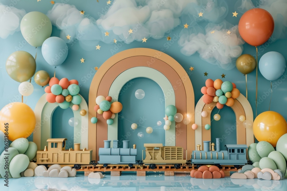 © itchaznong - A colorful room with a rocket and planets wallpaper background © itchaznong - A colorful room with a rocket and planets wallpaper background