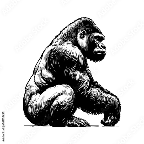 gorilla in black and white animal drawing,