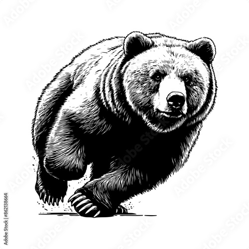 grizzly bear in black and white animal drawing,