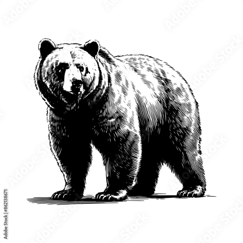 grizzly bear in black and white animal drawing,