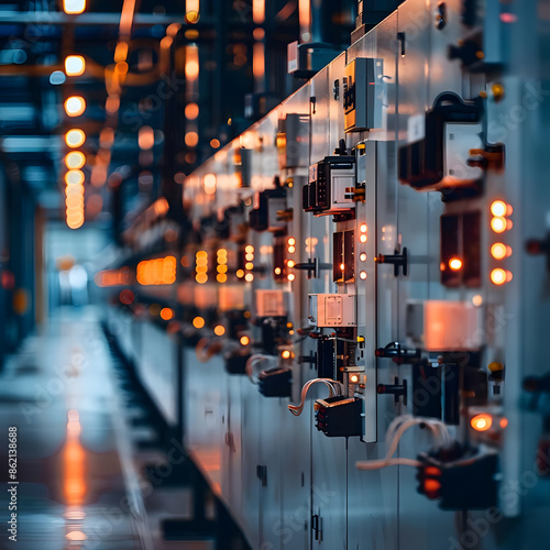 A low-voltage switchgear system at a power plant, showcasing rows of modern switchgear cabinets.