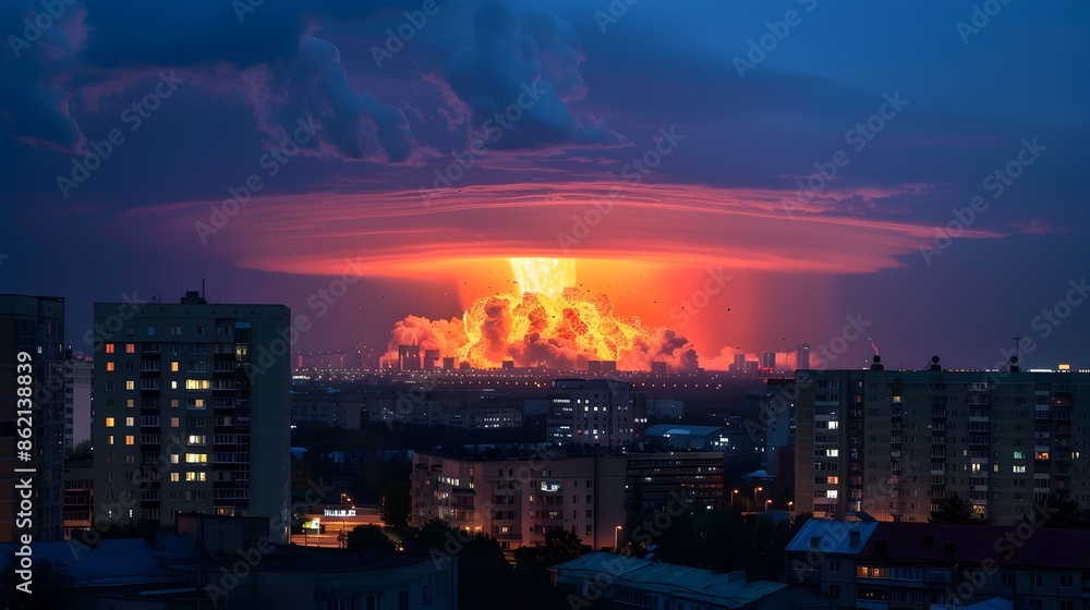 Fototapeta premium Simulated Nuclear Explosion Over Minsk Belarus Depicting Catastrophic Destruction