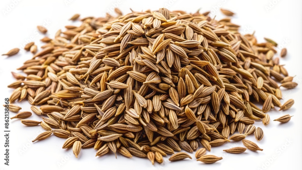 Delicate, intricate, and earth-toned caraway seeds scattered randomly on a pristine white background, showcasing natural texture and organic beauty. Delicate, intricate, and earth-toned caraway seeds scattered randomly on a pristine white background, showcasing natural texture and organic beauty.