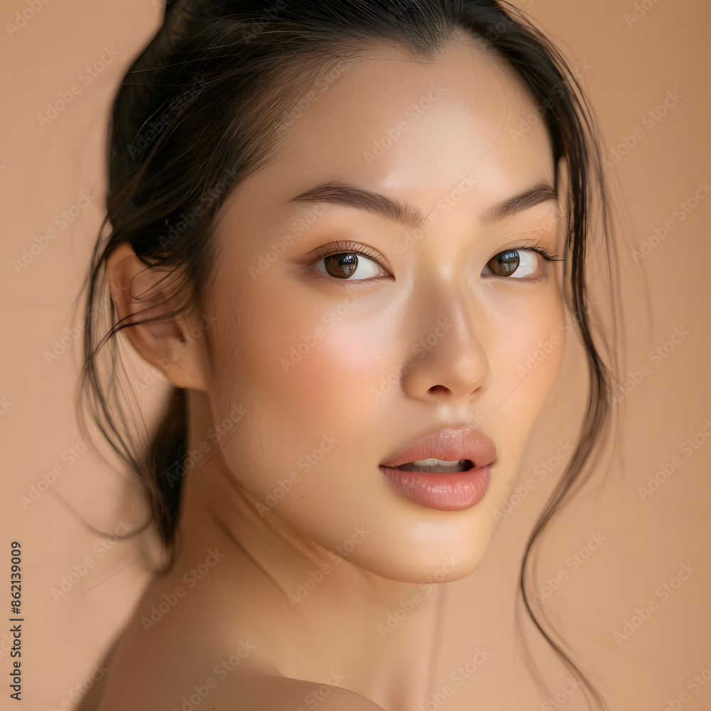 Obraz premium Close-up portrait of a young Asian woman with flawless skin on a beige background, perfect for beauty and spa themes.