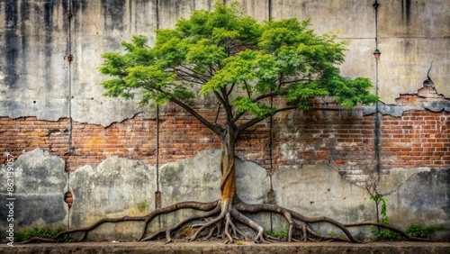 Weathered concrete cracks yield to nature's persistence as a vigorous tree bursts forth, its roots entwined with urban decay.