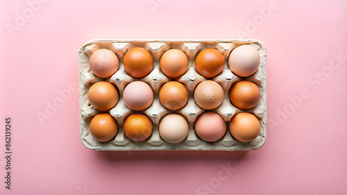 Organic eggs in a carton tray are showcased on a pastel pink background highlighting the zero waste concept The flat lay style creates a visually appealing copy space image photo