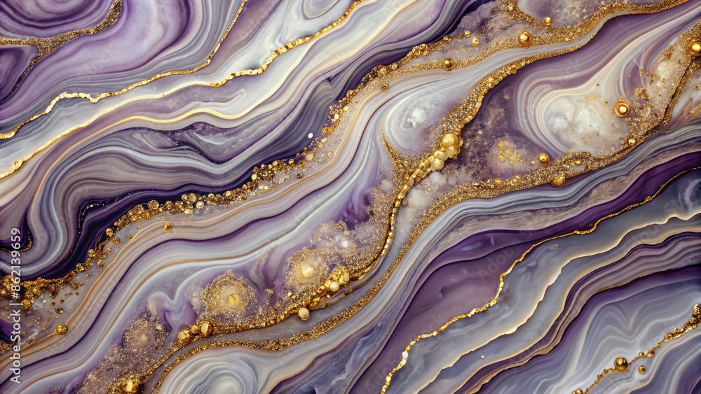 Fototapeta premium Luxurious abstract design featuring swirling marble patterns, agate ripples, and organic textures infused with gold glitter on a violet grey background.