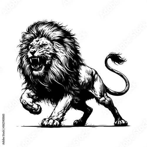 Lion in black and white animal drawing,