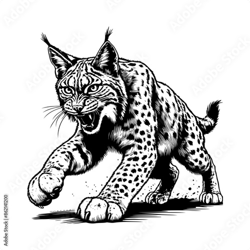 lynx in black and white animal drawing,