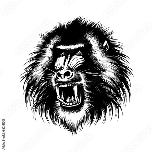 Mandrill, baboon in black and white animal drawing,