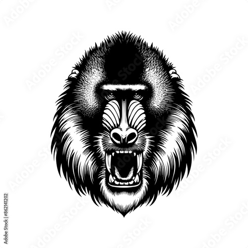 Mandrill, baboon in black and white animal drawing,