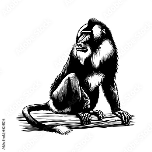 Mandrill, baboon in black and white animal drawing,