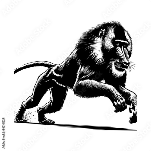 Mandrill, baboon in black and white animal drawing,