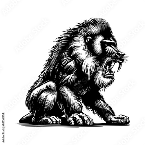 Mandrill, baboon in black and white animal drawing,