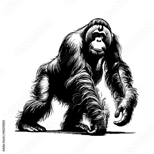 orangutan in black and white animal drawing,